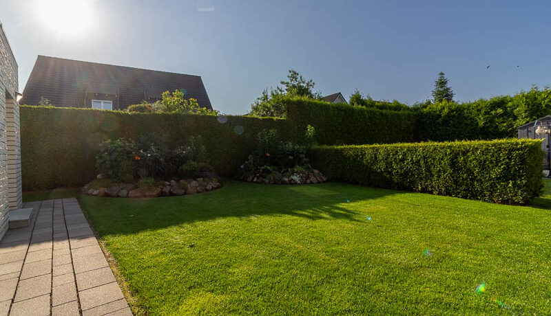 Pflegeleichter Garten mit blickdichtem Heckenzaun und liebevoll angelegten Beeten – perfekte Privatsphäre für erholsame Stunden im Grünen.