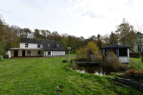 Teich mit Blick auf überdachten Freisitz am Haus