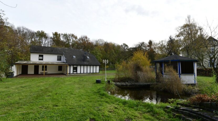 Teich mit Blick auf überdachten Freisitz am Haus
