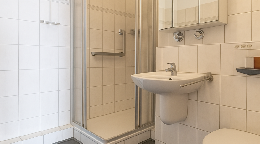 Das modern geflieste Duschbad