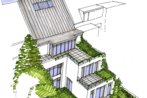Perspektivskizze Gartenseite Haus D