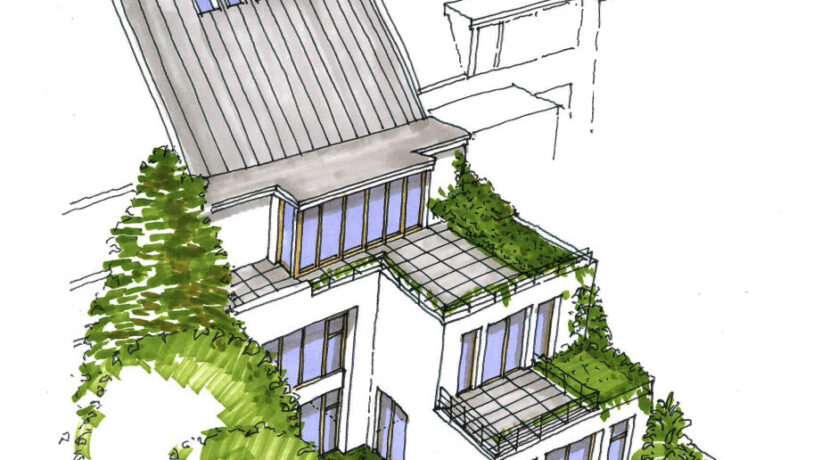 Perspektivskizze Gartenseite Haus D