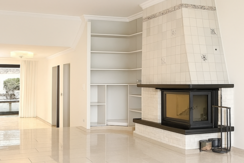 Wohnzimmer mit Kamin KI bearbeitet